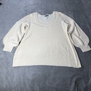 Off White Roaman's Plus Size Crochet Pullover Sweater with Sweetheart Neckline
